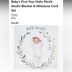 NWT lulujo Baby's First Year Hello World Muslin Blanket & Milestone Card Set
